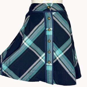 Fei Anthropologie A Line Plaid Skirt Button Front Black Blue 4 bv